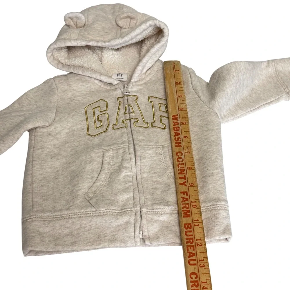 Baby Gap Oatmeal Heather Sherpa Lined Bear Ear Zip Hoodie 6-12 Months Logo